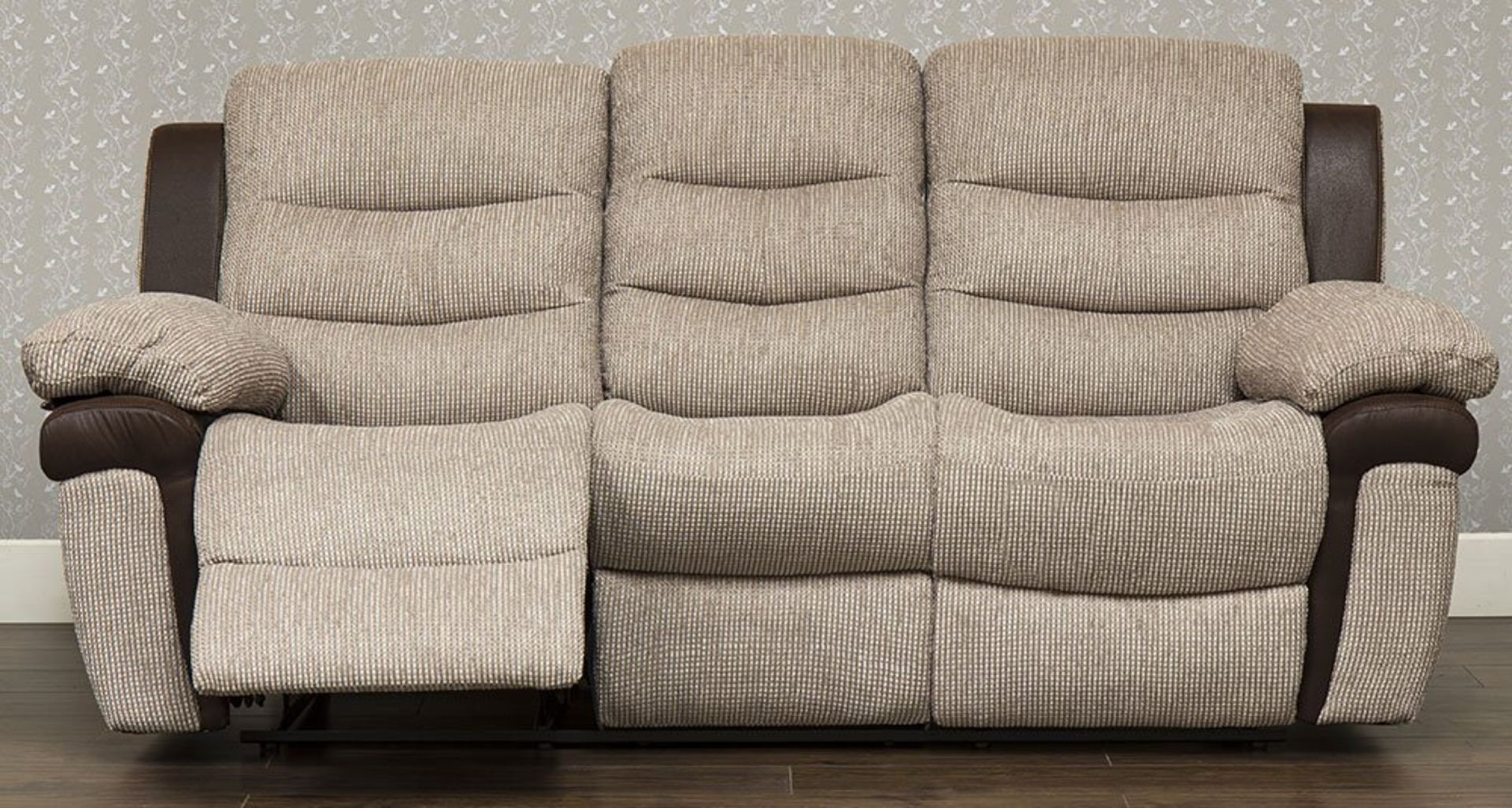 Savoy 3 seater brown suede/beige fabric reclining sofa plus savoy 2 seater reclining sofa