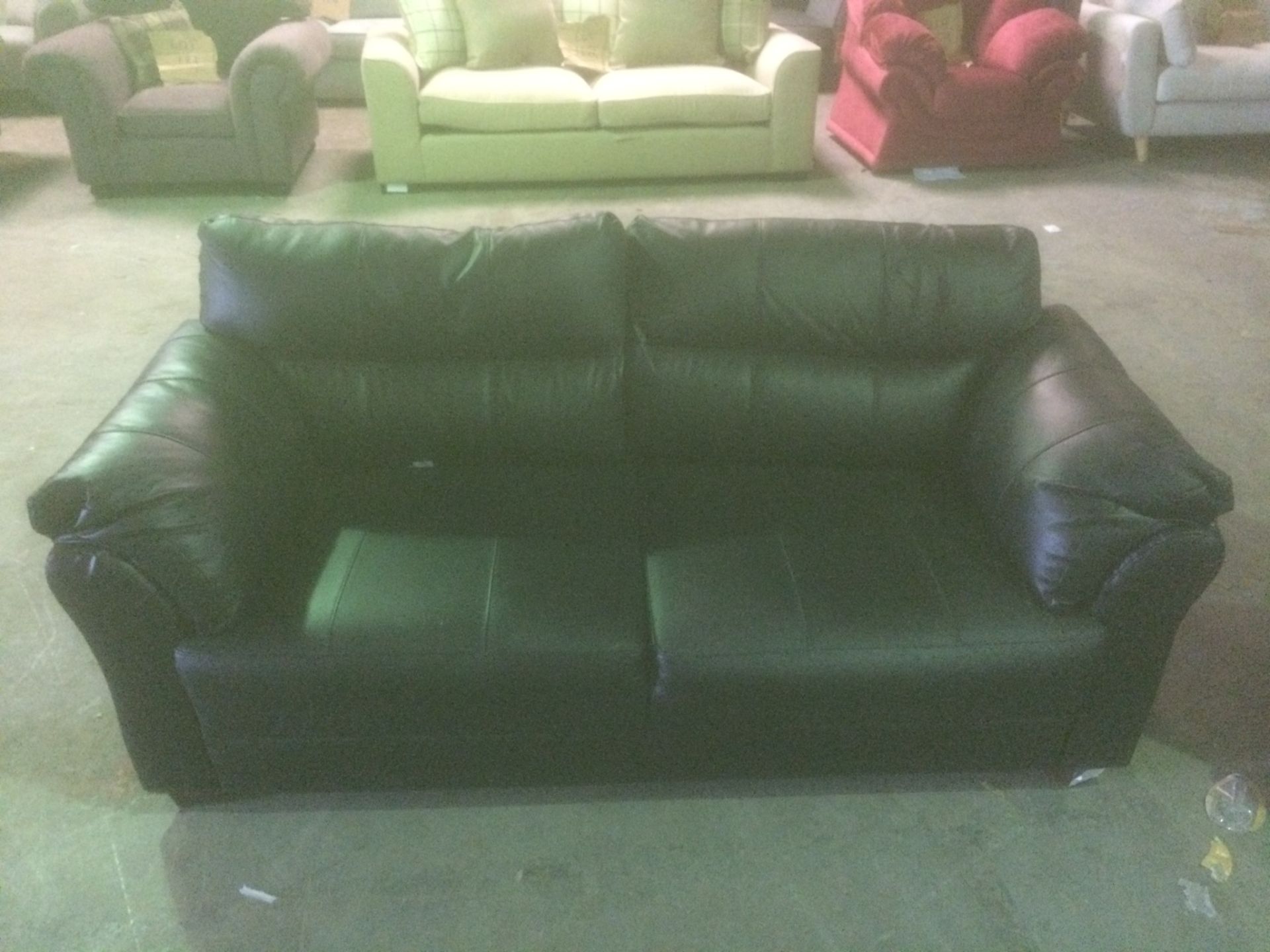 Regency 3 seater plus 2 seater black leather sofas with contrasting dark oak wooden feet - Image 3 of 3