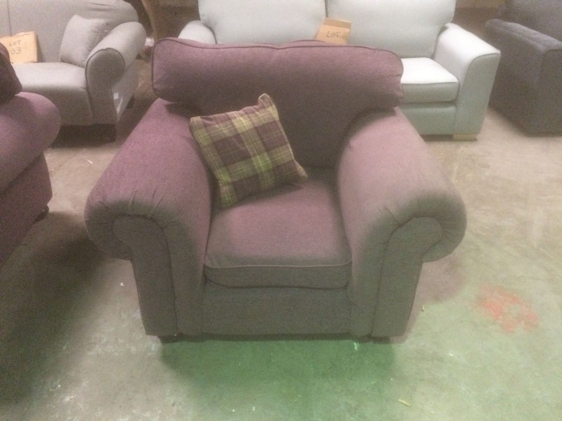 Coxley single arm chair with scroll arms and high back in plum fabric