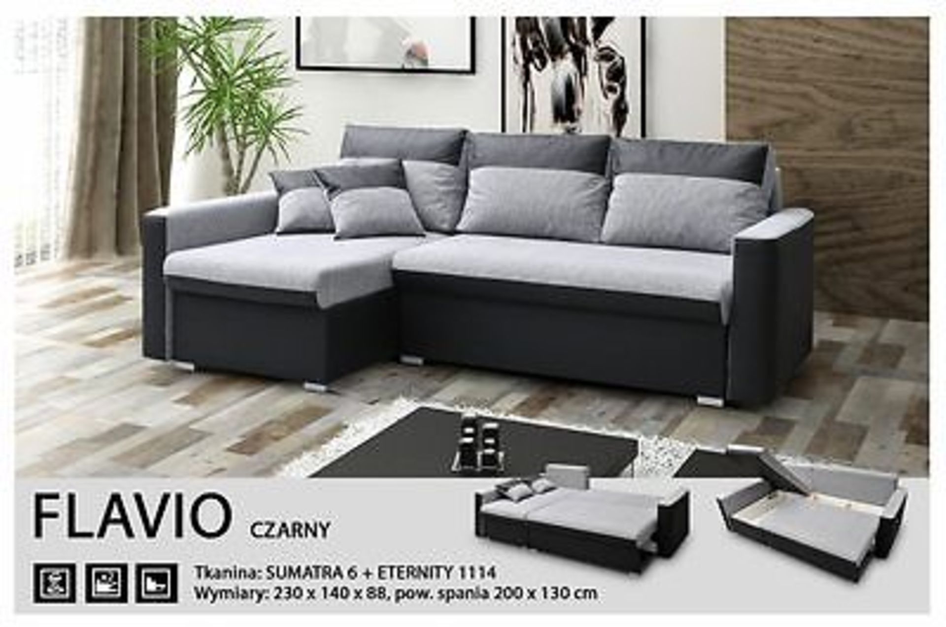 Flˆvio corner sofa bed right hand facing in black and grey faux leather