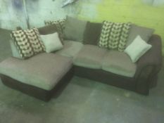 Bonsai brown suede/beige chenille fabric corner sofa with check accent cushions