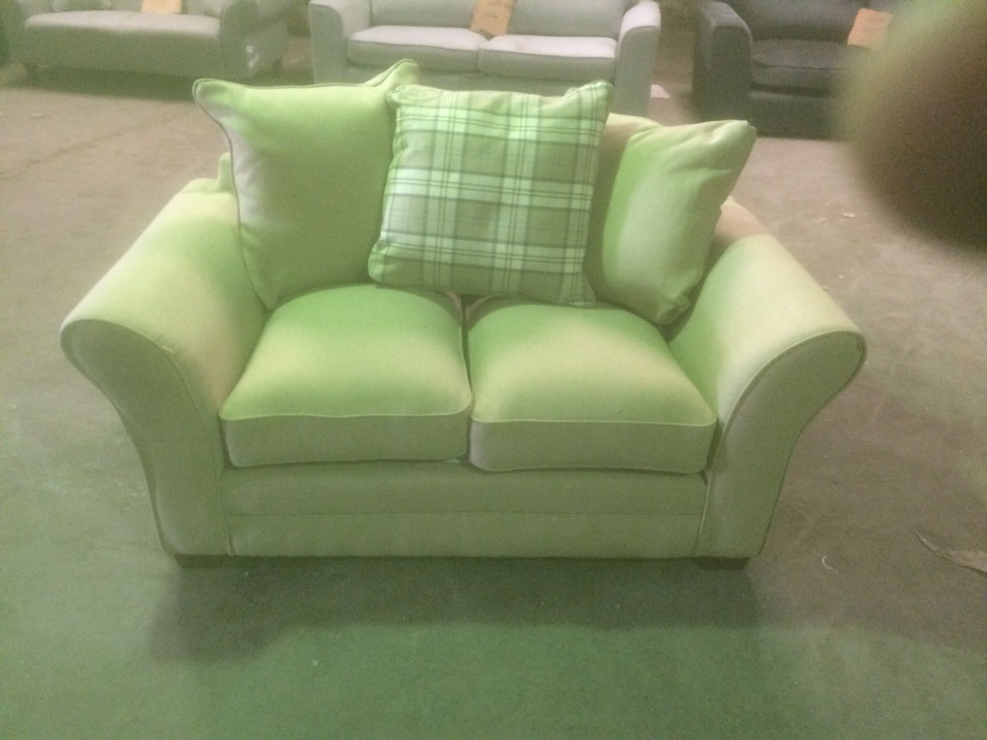 Byron 2 seater sofa in beige fabric with scatterback cushions and dark wooden feet - Image 2 of 2