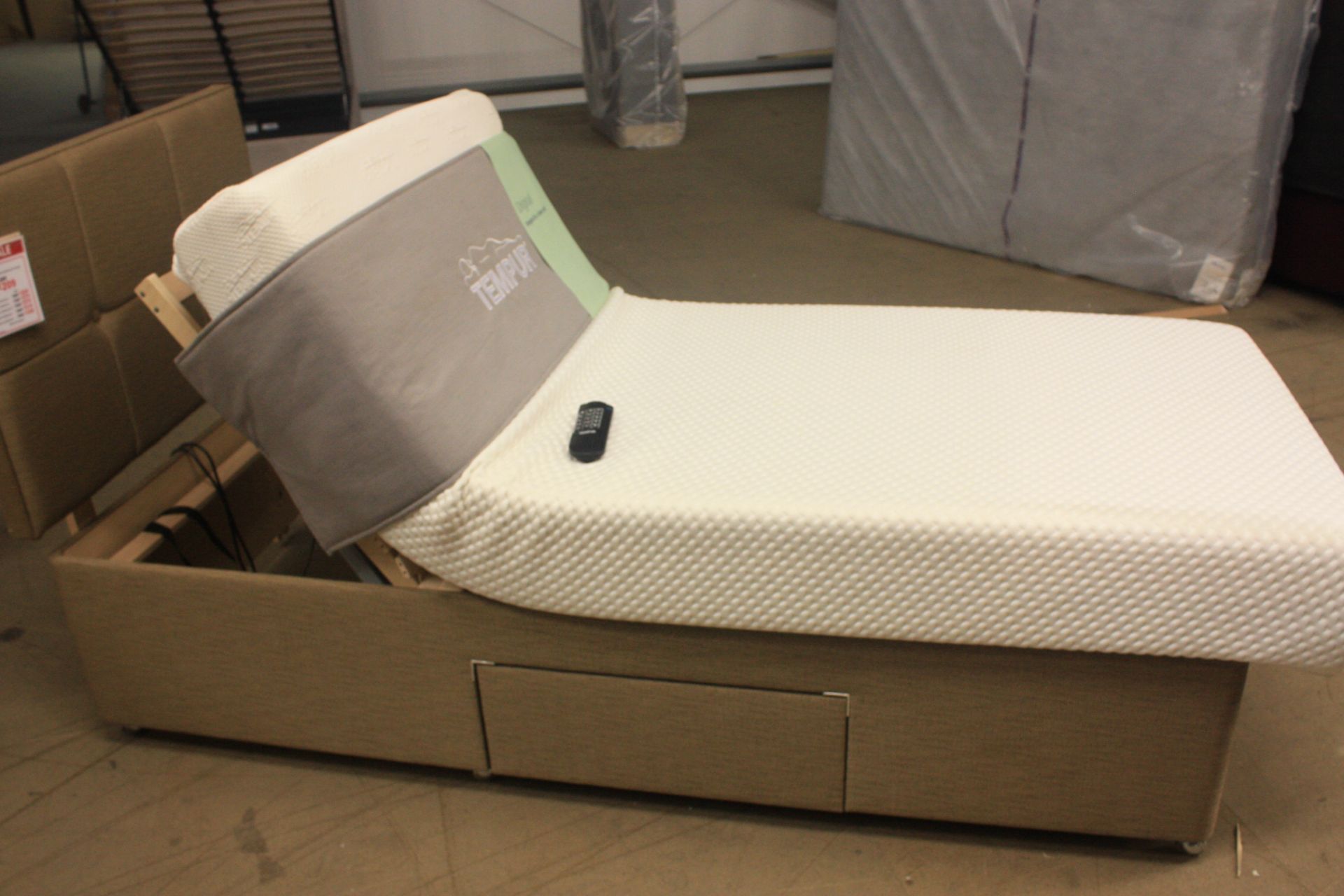 TEMPUR ARDENNES ADJUSTABLE MASSAGE DIVAN BED COMPLETE WITH MATTRESS AND HEADBOARD.