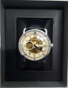BRAND NEW PRINCE LONDON GENTS AUTOMATIC SKELETON WATCH, SILVER WITH ROUND WHITE FACE AND BLACK