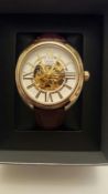 BRAND NEW PRINCE LONDON GENTS AUTOMATIC SKELETON WATCH, GOLD WITH GOLD/ WHITE FACE AND TAN LEATHER