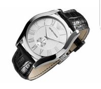 BRAND NEW EMPORIO ARMANI AR0675, GENTS SILVER DIAL BLACK LEATHER STRAP DESIGNER WATCH, COMPLETE