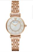 BRAND NEW EMPORIO ARMANI AR1909 LADIES GIANNI T-BAR ROSE GOLD WATCH, COMPLETE WITH ORIGINAL BOX