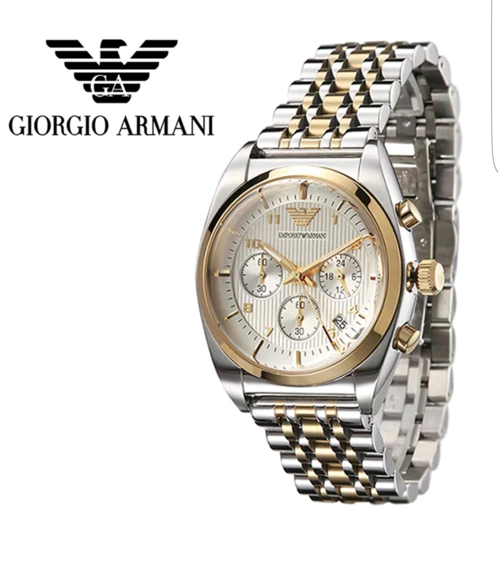 BRAND NEW EMPORIO ARMANI AR0396, GENTS TWO TONE GOLD/ SILVER CHRONOGRAPH DESIGNER WATCH, COMPLETE - Image 2 of 2