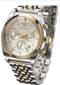 BRAND NEW EMPORIO ARMANI AR0396, GENTS TWO TONE GOLD/ SILVER CHRONOGRAPH DESIGNER WATCH, COMPLETE