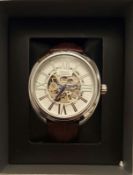 BRAND NEW PRINCE LONDON GENTS AUTOMATIC SKELETON WATCH, SILVER WITH SILVER/ WHITE FACE AND TAN