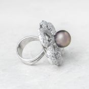 18k White Gold Tahitian Pearl & Diamond Flower Design Ring