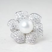 18k White Gold South Sea Pearl & 7.80ct Diamond Flower Ring