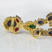 18k Yellow Gold Sapphire, Ruby, Emerald & Diamond Necklace & Earring Suite
