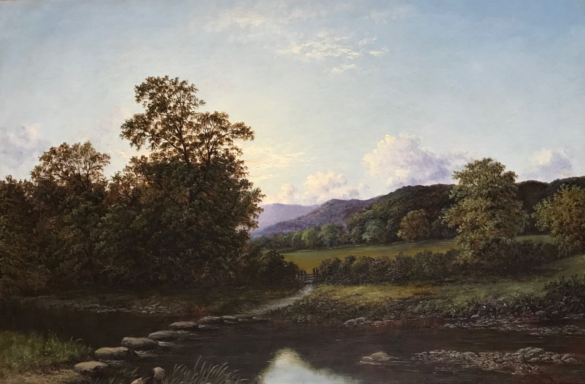 Original oil painting depicting Stepping stones - River Crossing , Scottish Highland View