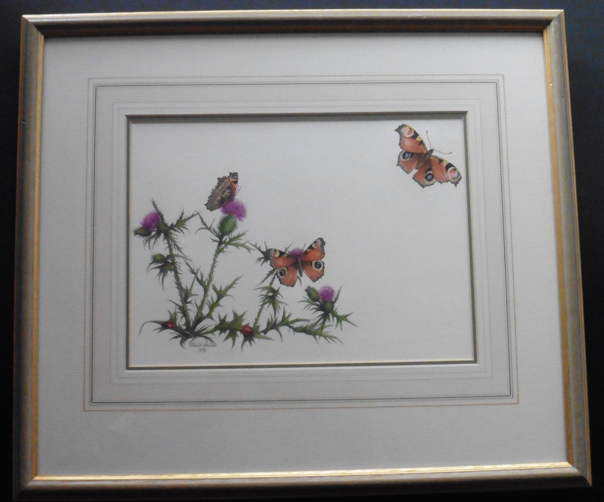 Botanical watercolour by David Lewins British artist Thistle and butterflies - Image 2 of 4