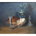 Bread and Pewter still life oil painting by Helen M Turner Bn 1937 PPAI, GSWA Exhib R.G.I