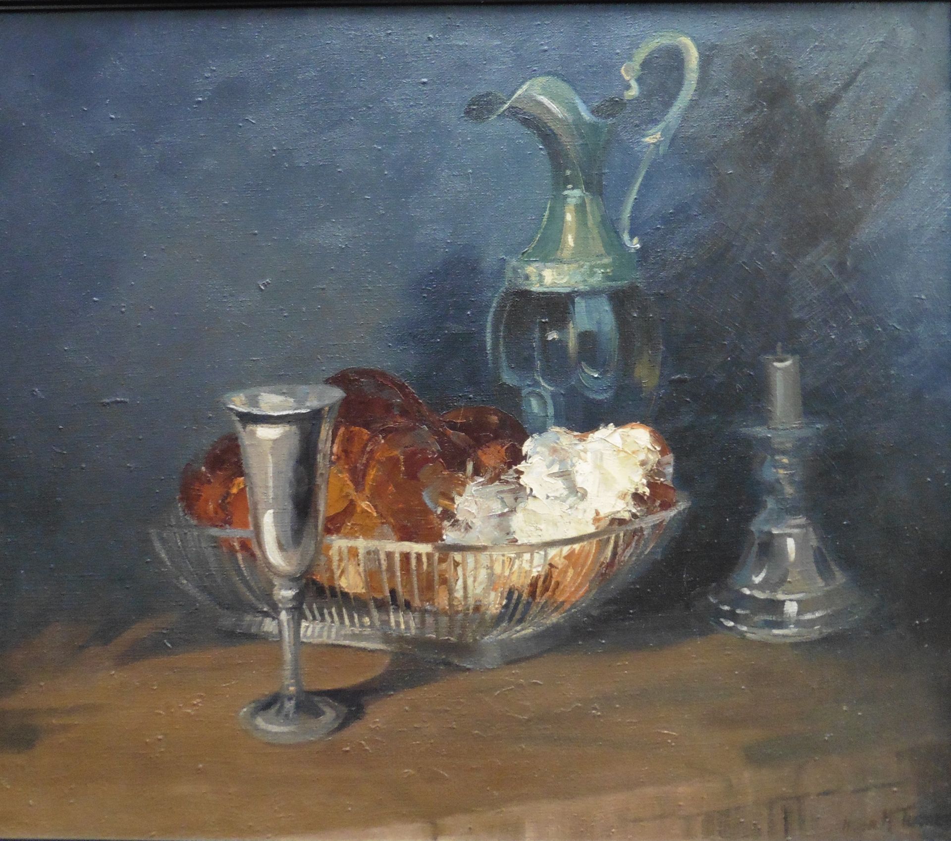 Bread and Pewter still life oil painting by Helen M Turner Bn 1937 PPAI, GSWA Exhib R.G.I