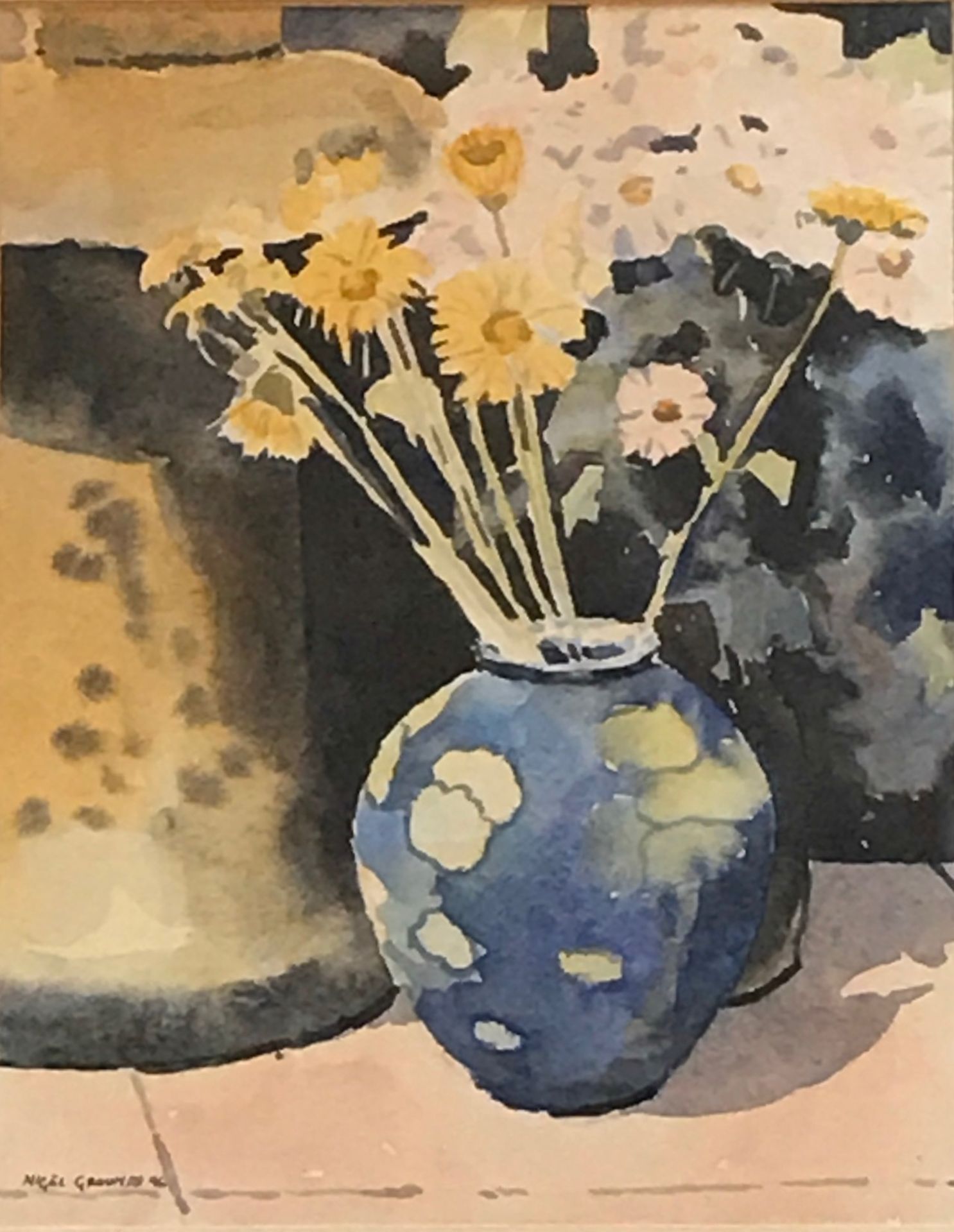 Original signed still life watercolour "moorcroft and daisies" by Scottish artist Nigel Grounds