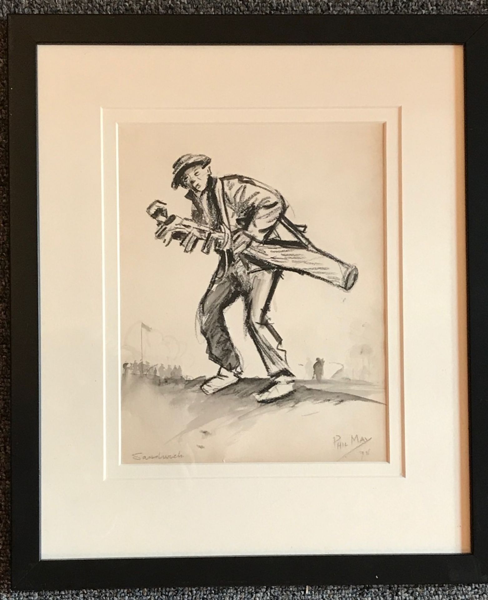 Original pencil of golf caddy at Sanwich golf course sketch by Phil May Engilsh - Image 2 of 4
