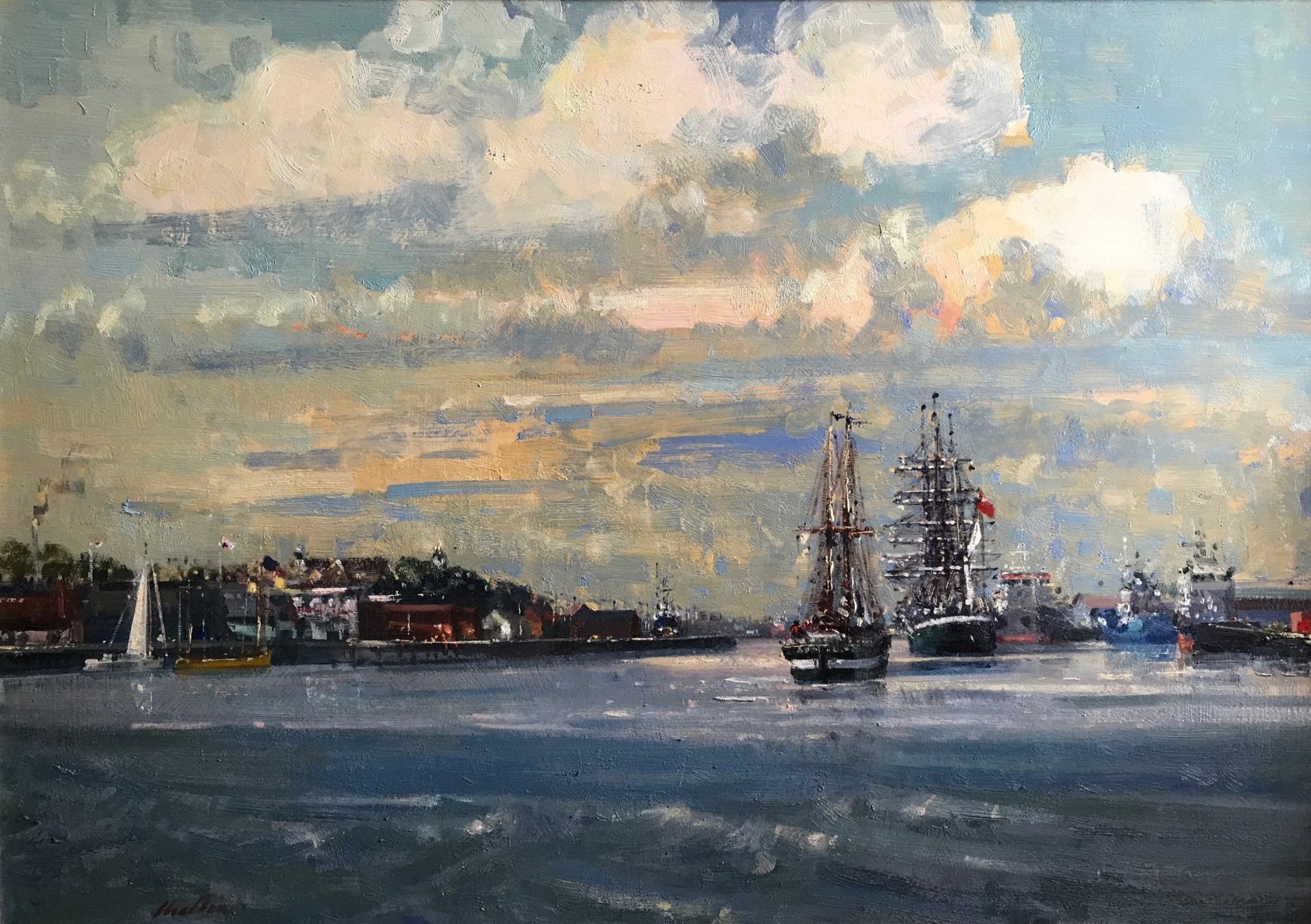 Original oil painting , Ships in harbour, by Geoffery Chatten bn 198 Exhib RSA, RA