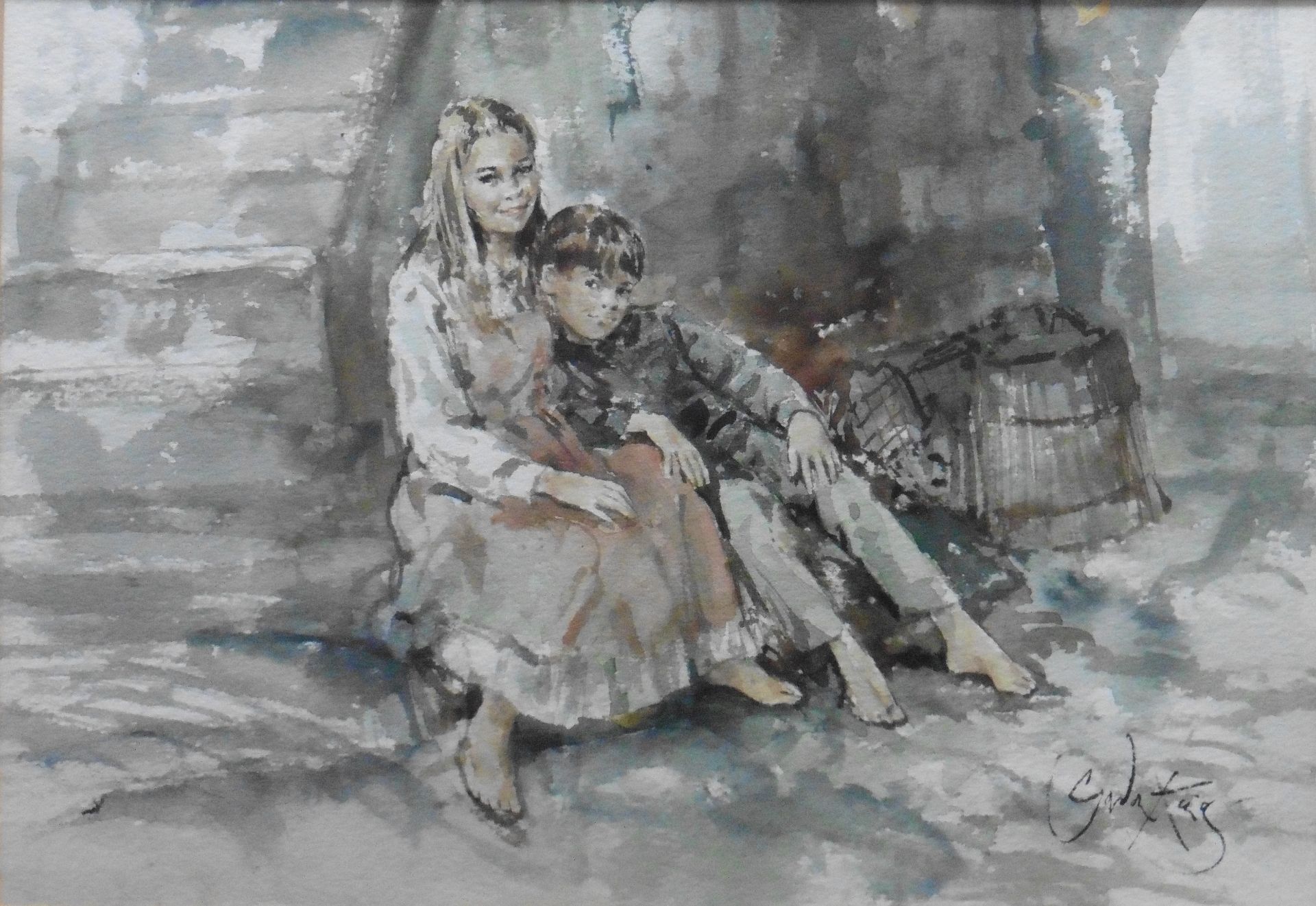 The fishermans children watercolour by Gordon King bn 1939 British artist