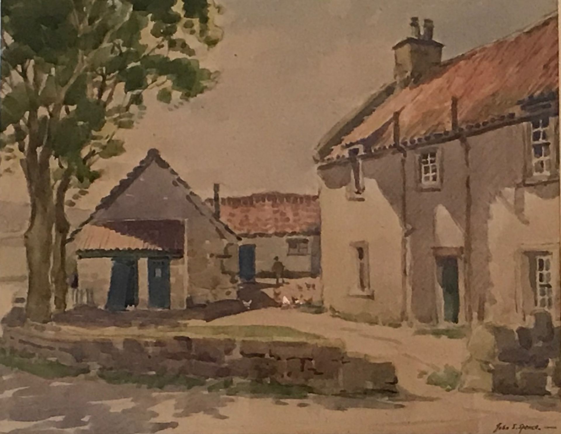 Original watercolour "The Farmyard" by John Simpson Spence fl 1919-1936, Scottish artist exhibited