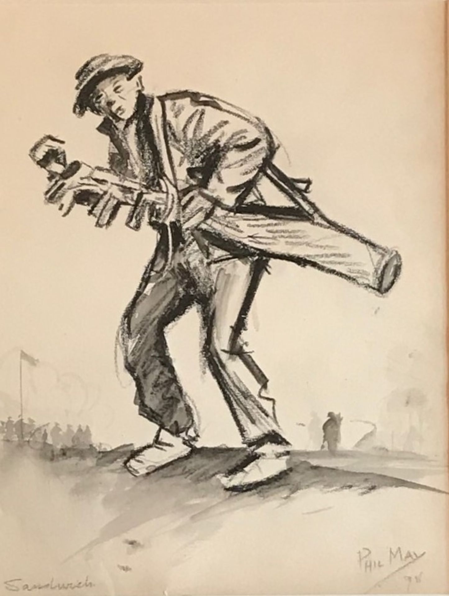 Original pencil of golf caddy at Sanwich golf course sketch by Phil May Engilsh