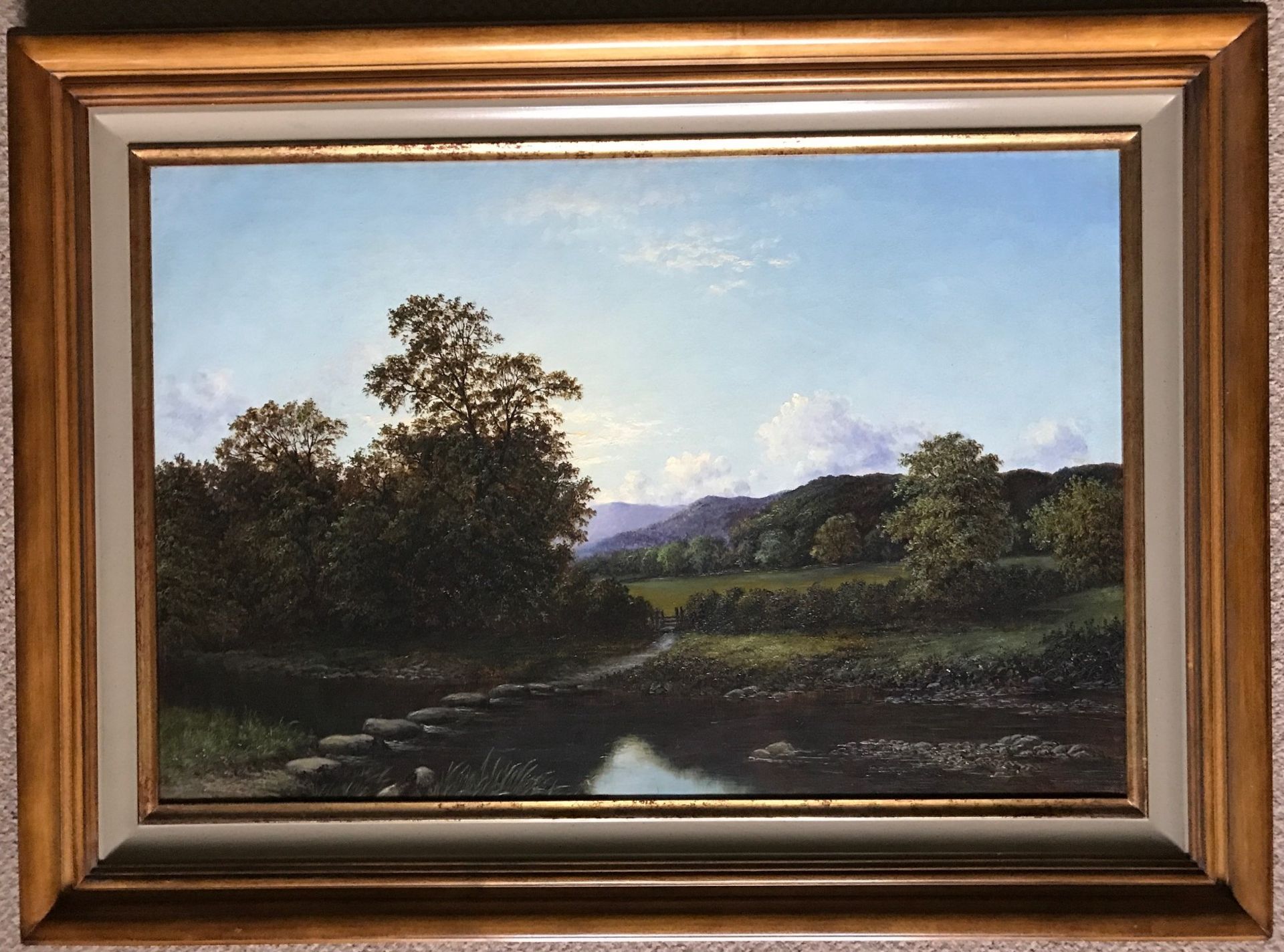 Original oil painting depicting Stepping stones - River Crossing , Scottish Highland View - Image 2 of 4