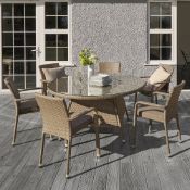 The Edinburgh rattan dining set in taupe consists of 6 stackable dining arm chairs with seat