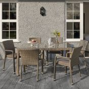 The Edinburgh rattan dining set in taupe consists of 6 stackable dining arm chairs with seat