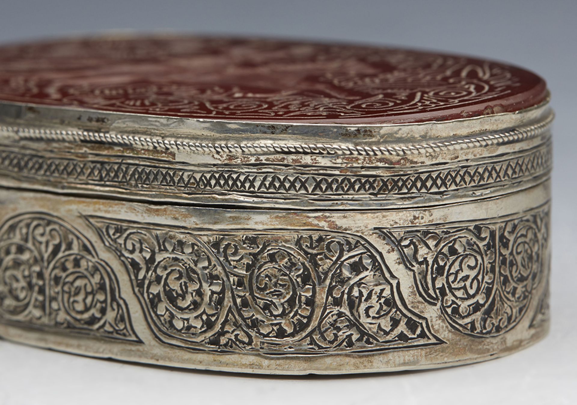 Antique Indian Silver Lidded Box With Carved Intaglio Stone Top 19Th C. - Image 4 of 7