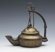 Antique Eastern Hanging Bronze Lidded Oil Lamp 18/19Th C.