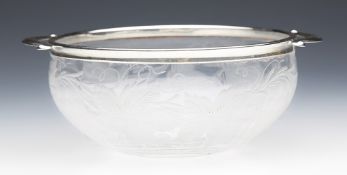 Fine Antique American Silver Mounted Engraved Glass Bowl 19Th C.
