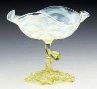 Antique English Yellow Vaseline Glass Stem Dish With Floral Designs C.1890