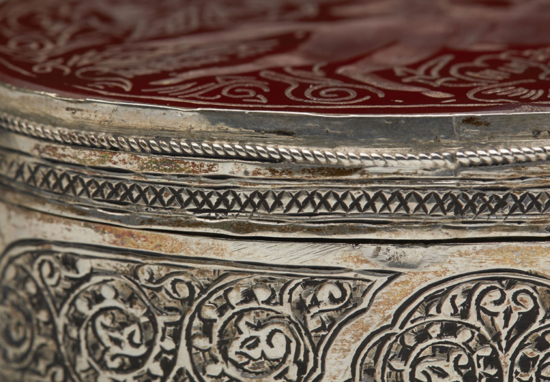 Antique Indian Silver Lidded Box With Carved Intaglio Stone Top 19Th C. - Image 3 of 7