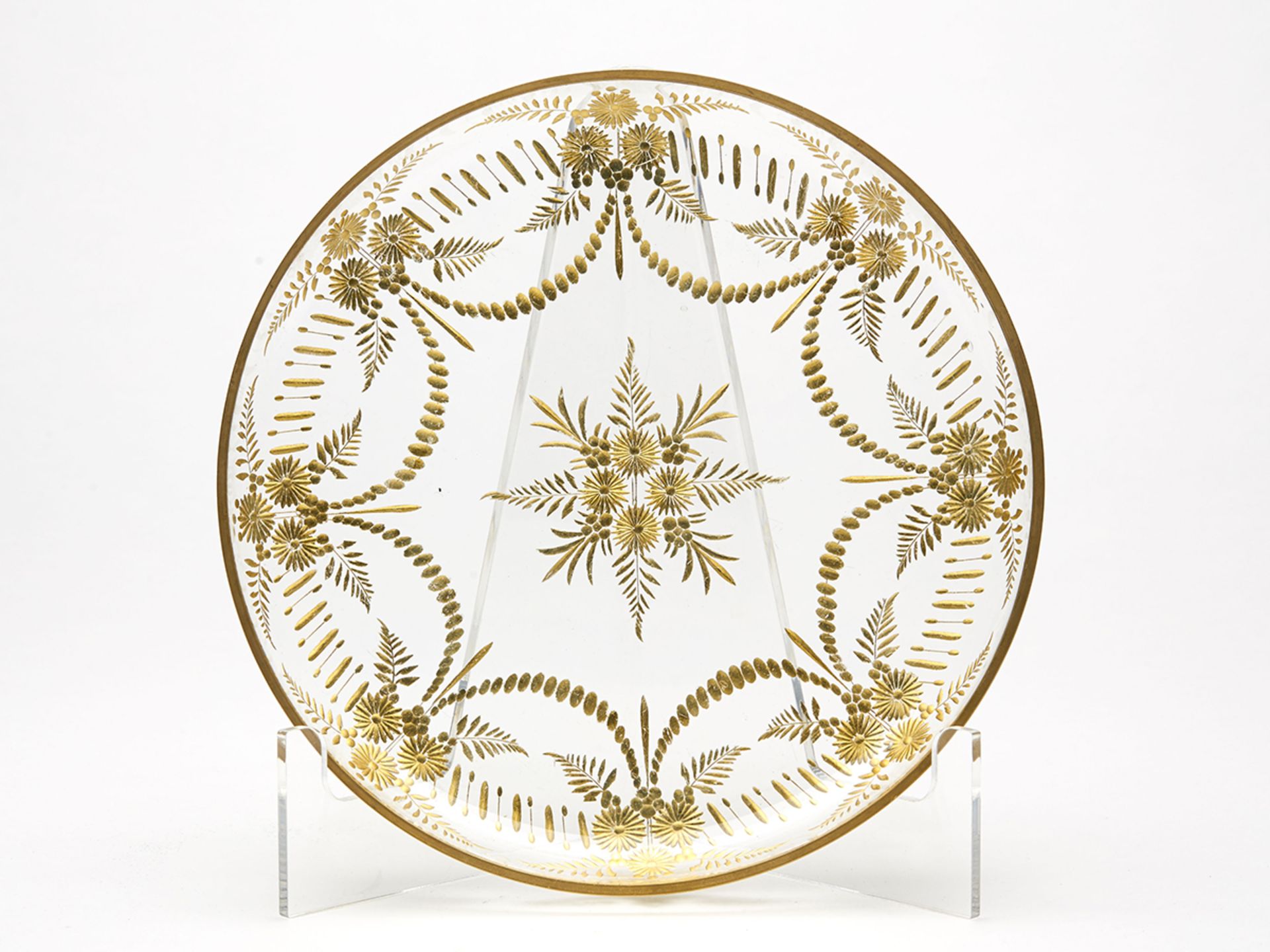 Stunning Antique Engraved And Gilded Glass Tray 19Th C.