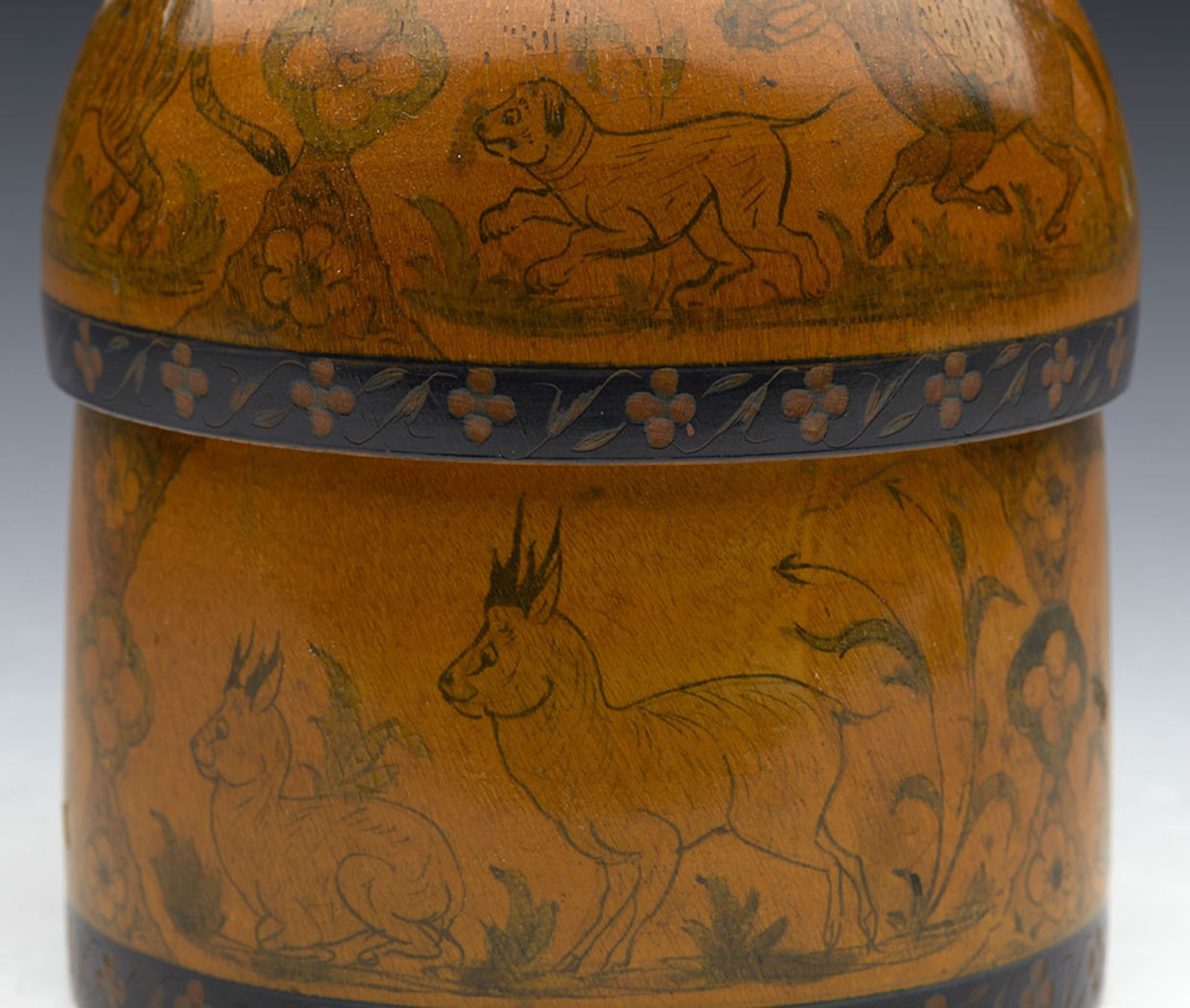 Antique Indian Wooden Lidded Jar Painted With Animals & Figures 19Th C. - Image 3 of 10