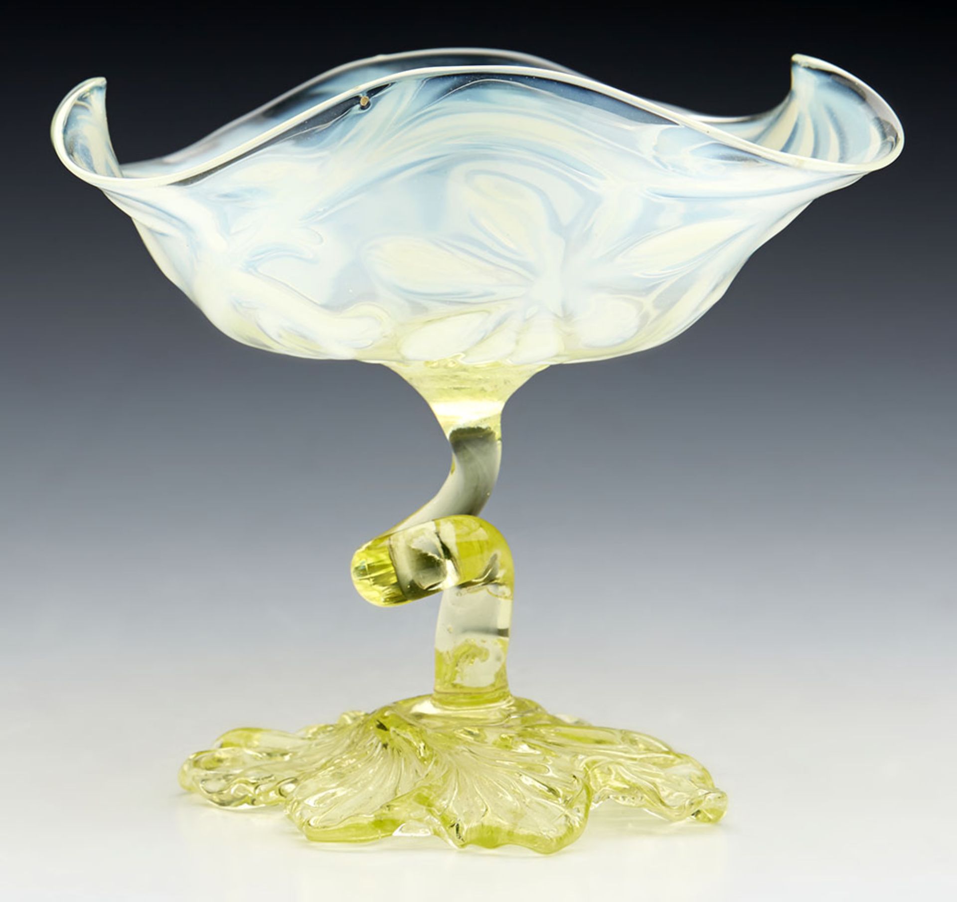 Antique English Yellow Vaseline Glass Stem Dish With Floral Designs C.1890 - Image 9 of 9