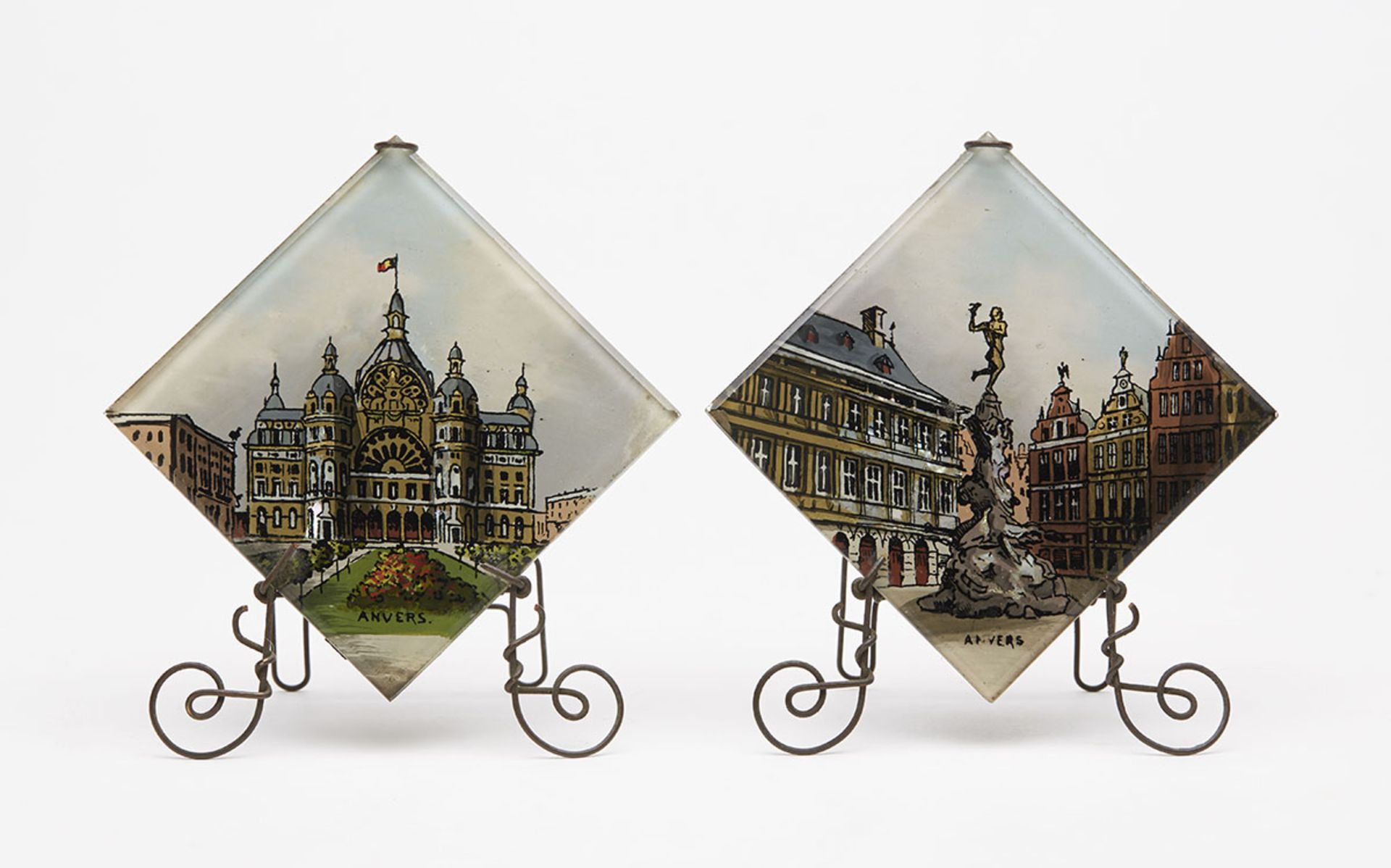 Antique Pair Anvers Souvenir Pictures On Stands 19Th C.