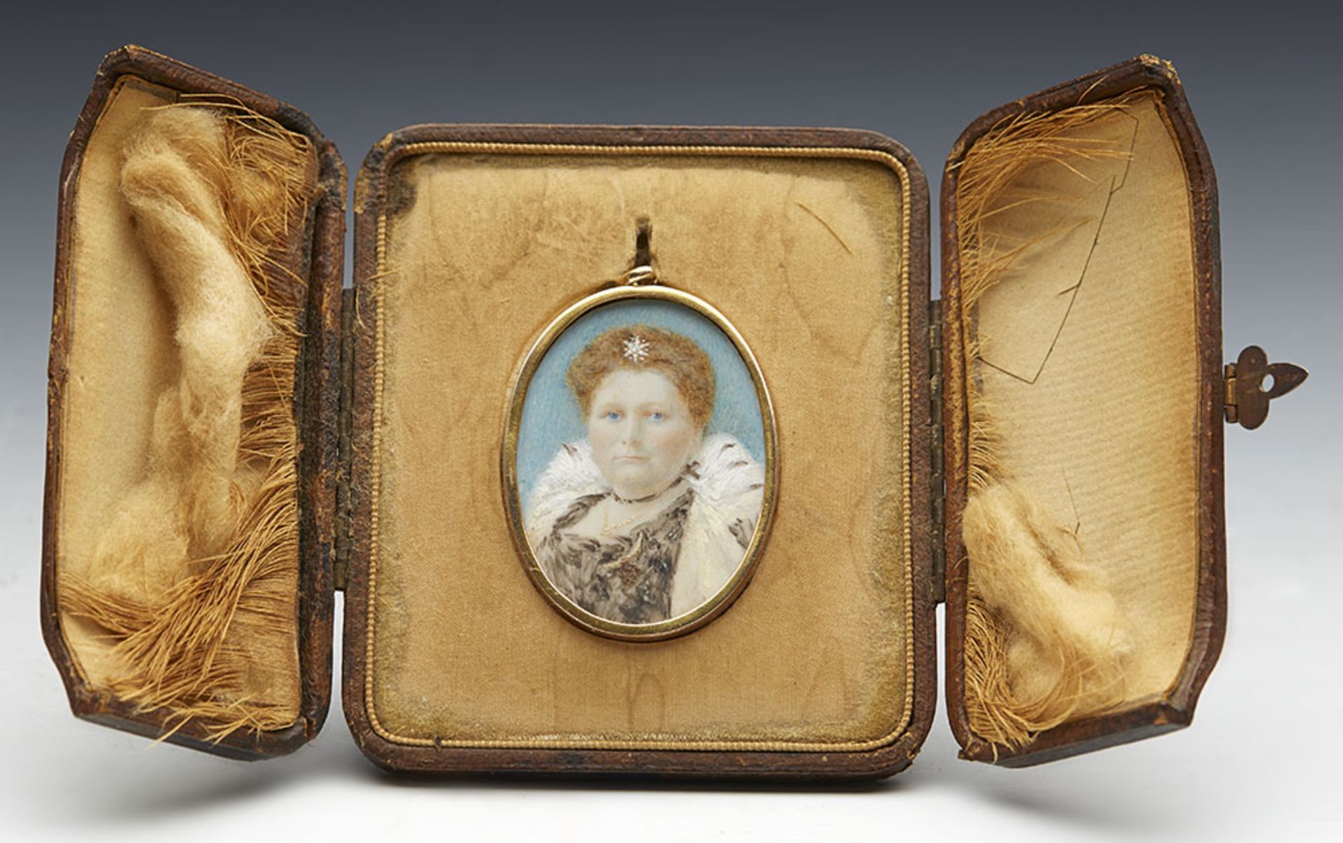 Antique Gold Mounted & Cased Miniature Lady Portrait Watercolour 19Th C.