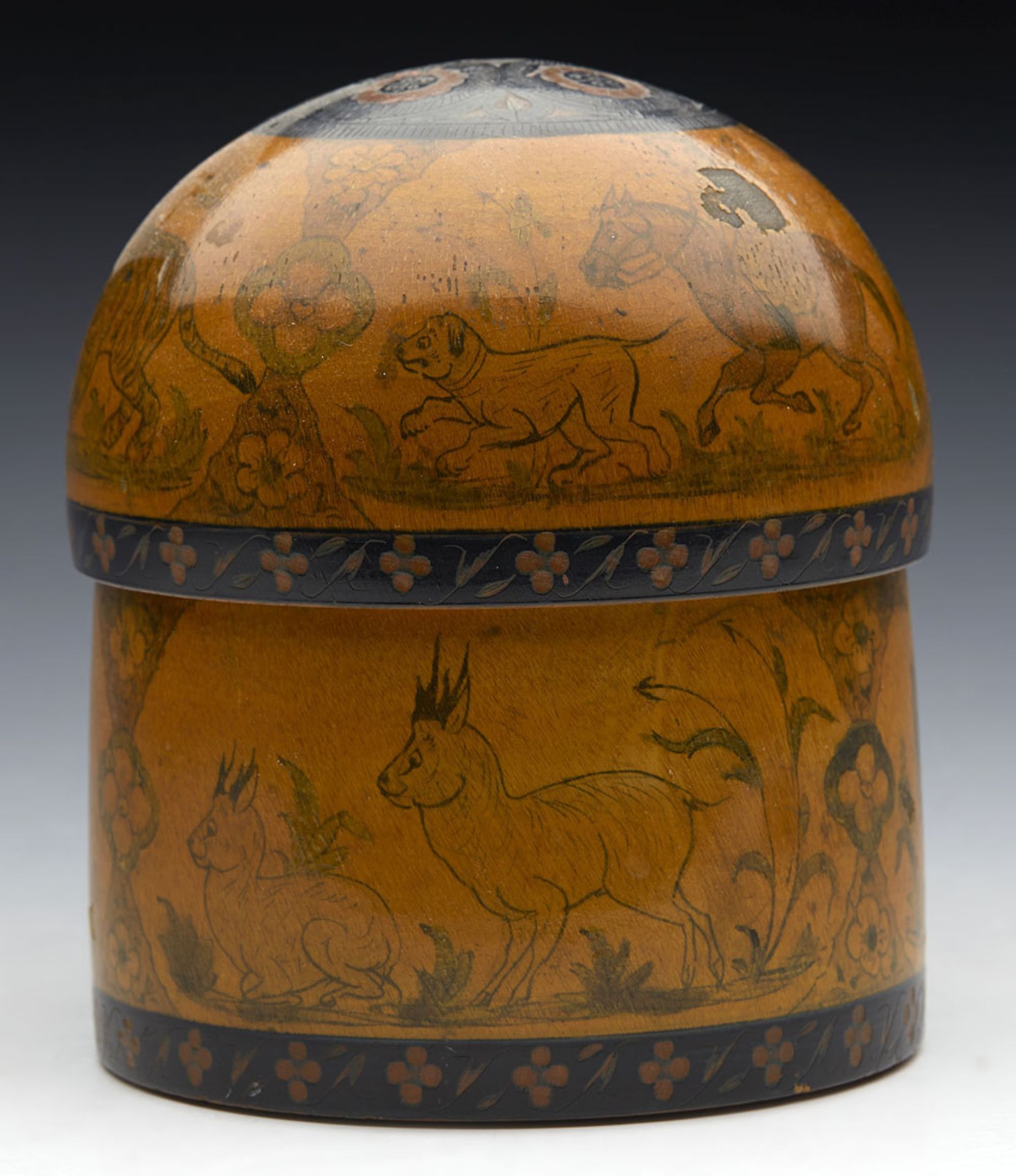 Antique Indian Wooden Lidded Jar Painted With Animals & Figures 19Th C. - Image 10 of 10