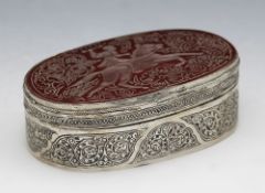 Antique Indian Silver Lidded Box With Carved Intaglio Stone Top 19Th C.