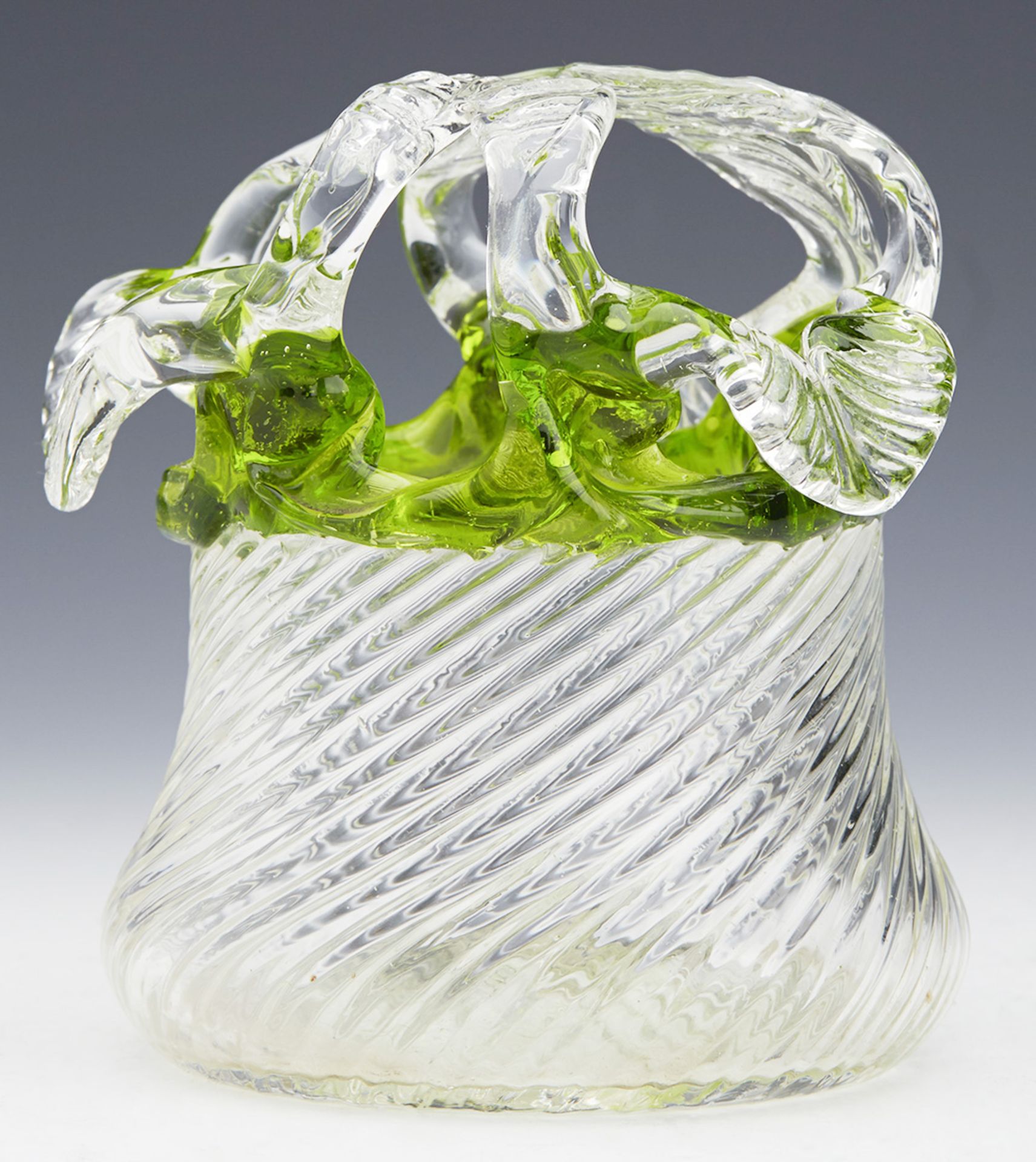 Antique Wrythen Twist Green & Clear Glass Basket 19Th C. - Image 2 of 9