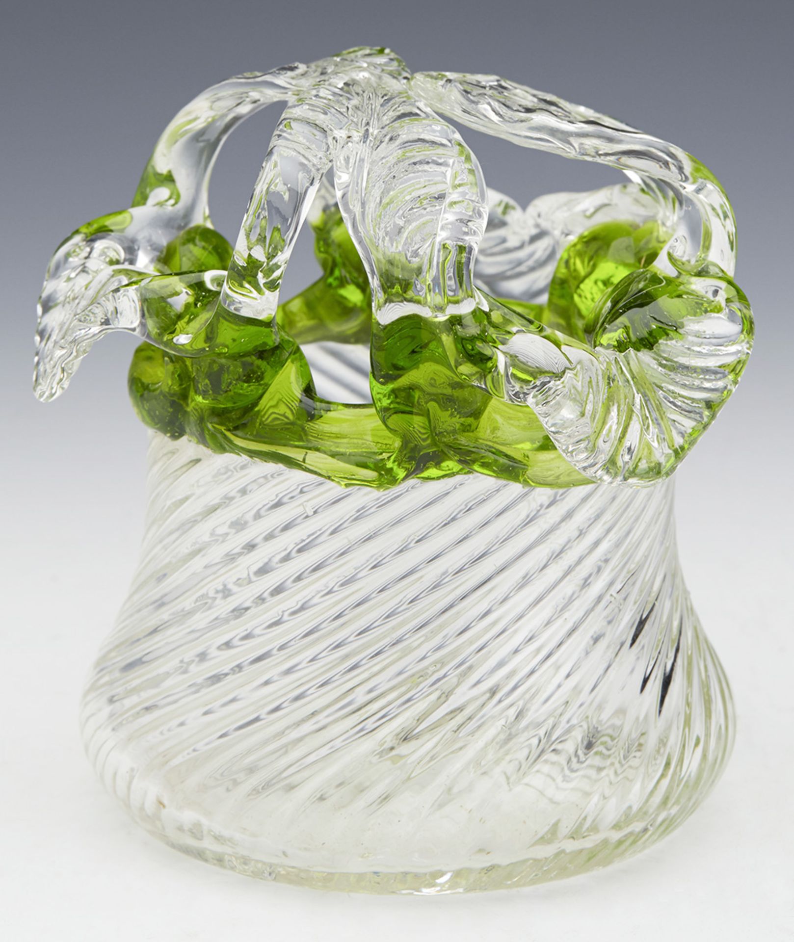 Antique Wrythen Twist Green & Clear Glass Basket 19Th C.