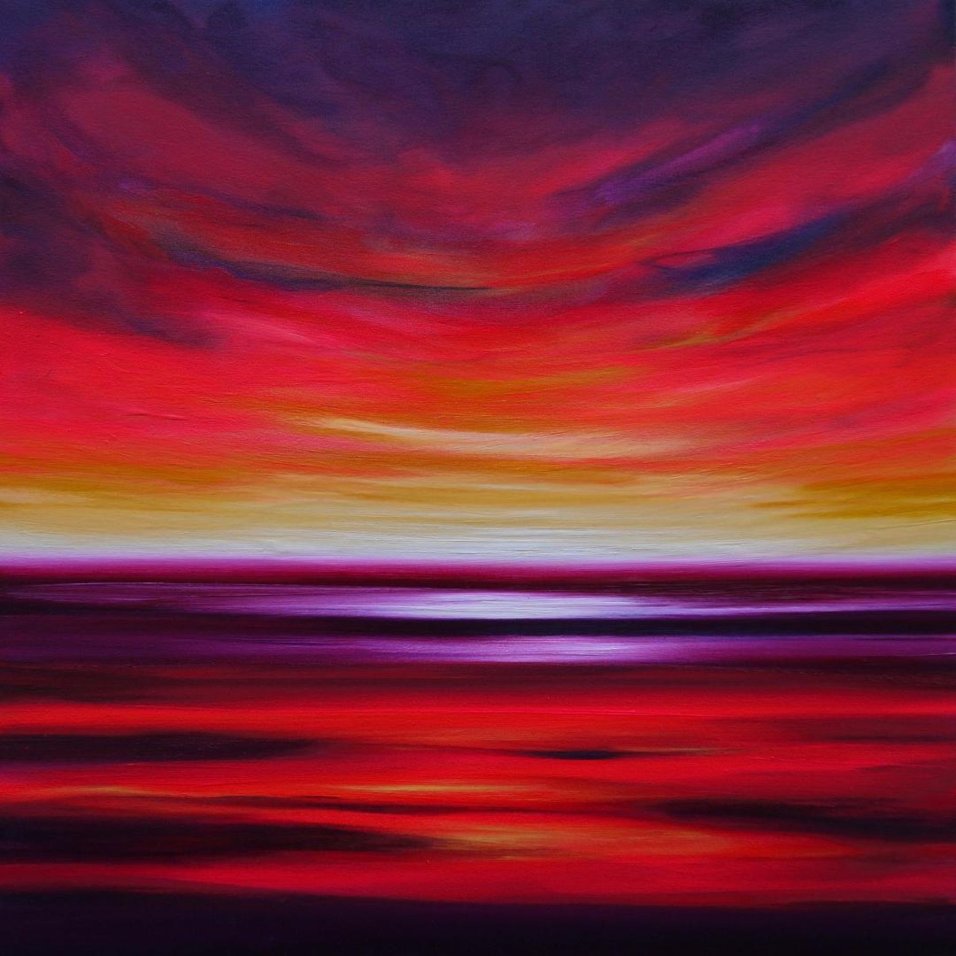 Artist: Julia Everett “Wild is the Wind” is a vibrant abstract sunset and seascape oil painting