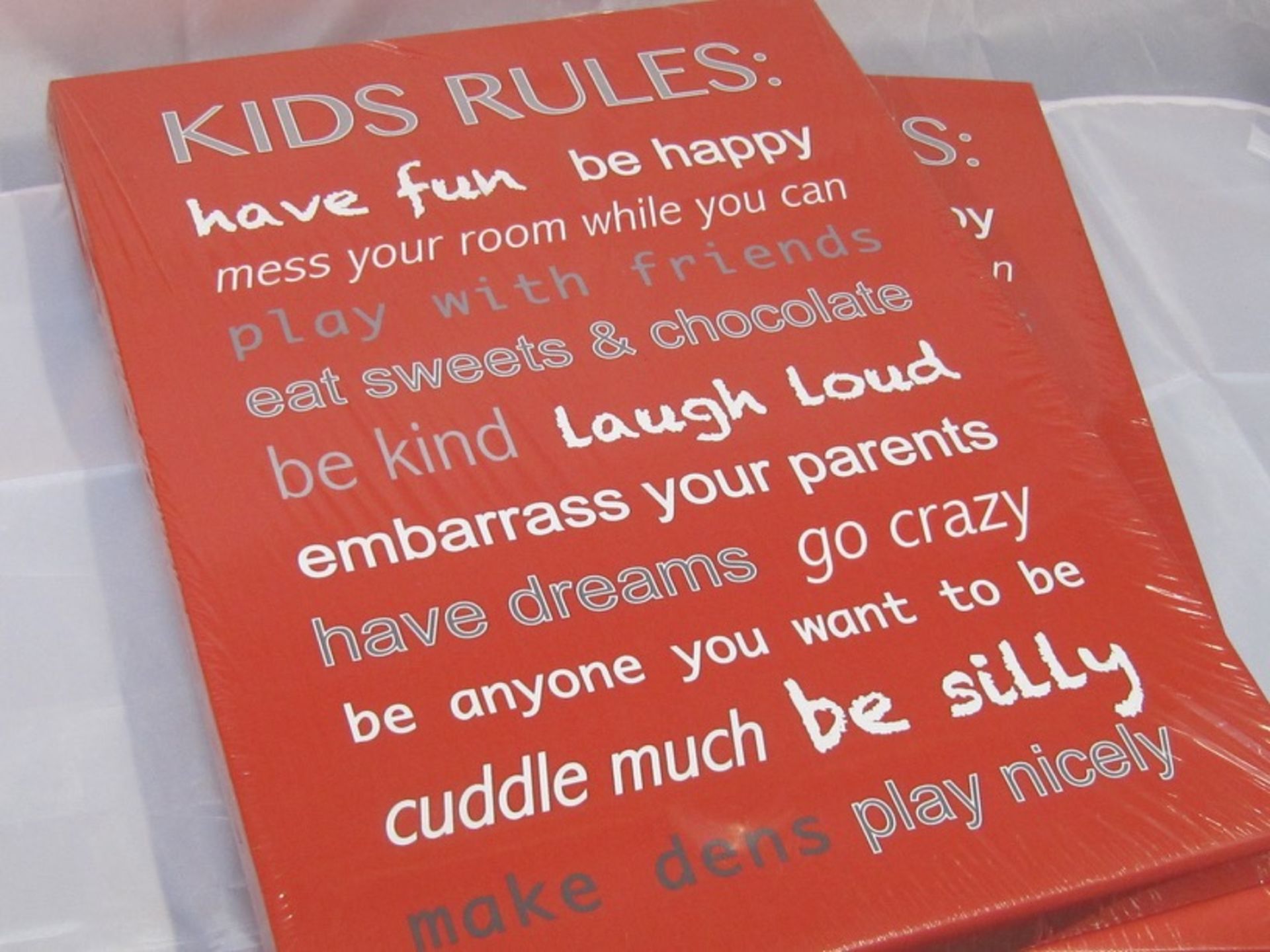 2 x Wrapped Canvas Kids Rules. Brand new Stock. No vat on Hammer. Shipping available.