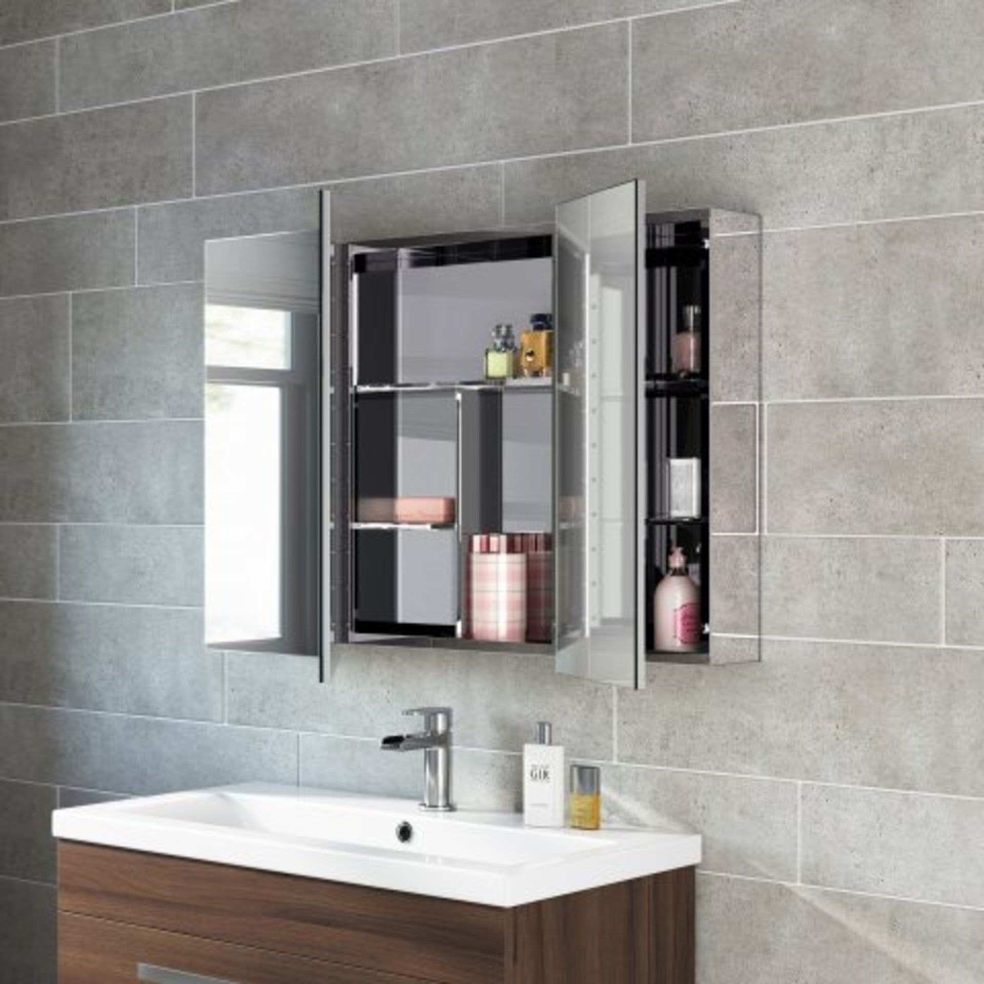 (A91) 600x900mm Liberty Stainless Steel Triple Door Mirror Cabinet. RRP £349.99. Reflection - Image 3 of 4