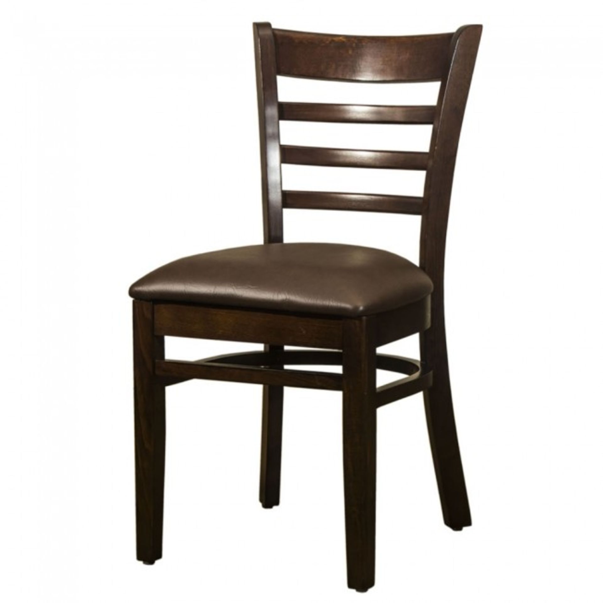 10 x Brand New Restaurant Chair - Walnut Finish - Solid Beech Frame with Brown Faux Leather seat