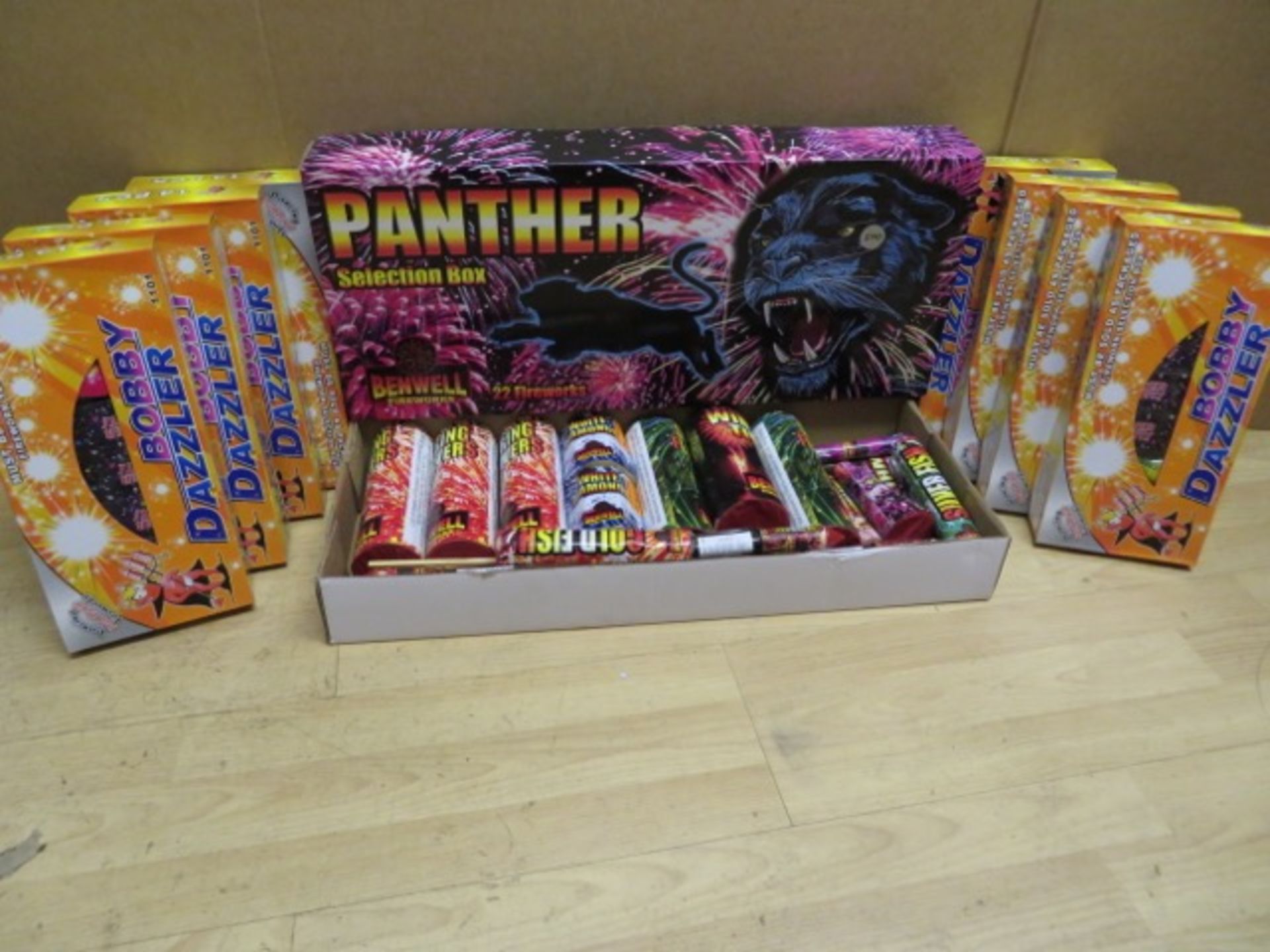 MEGA 106 PIECE FIREWORK LOT - INCLUDES: 1 x PANTHER 22 PIECE SELECTION BOX & 8 x 14 PIECE BOBBY