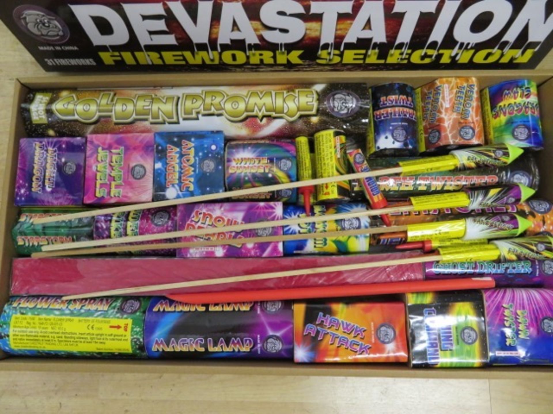 31 PIECE DEVASTATION FIREWORK SELECTION BOX. RRP £199.99. Includes: 300 Shot Repeater, Golden